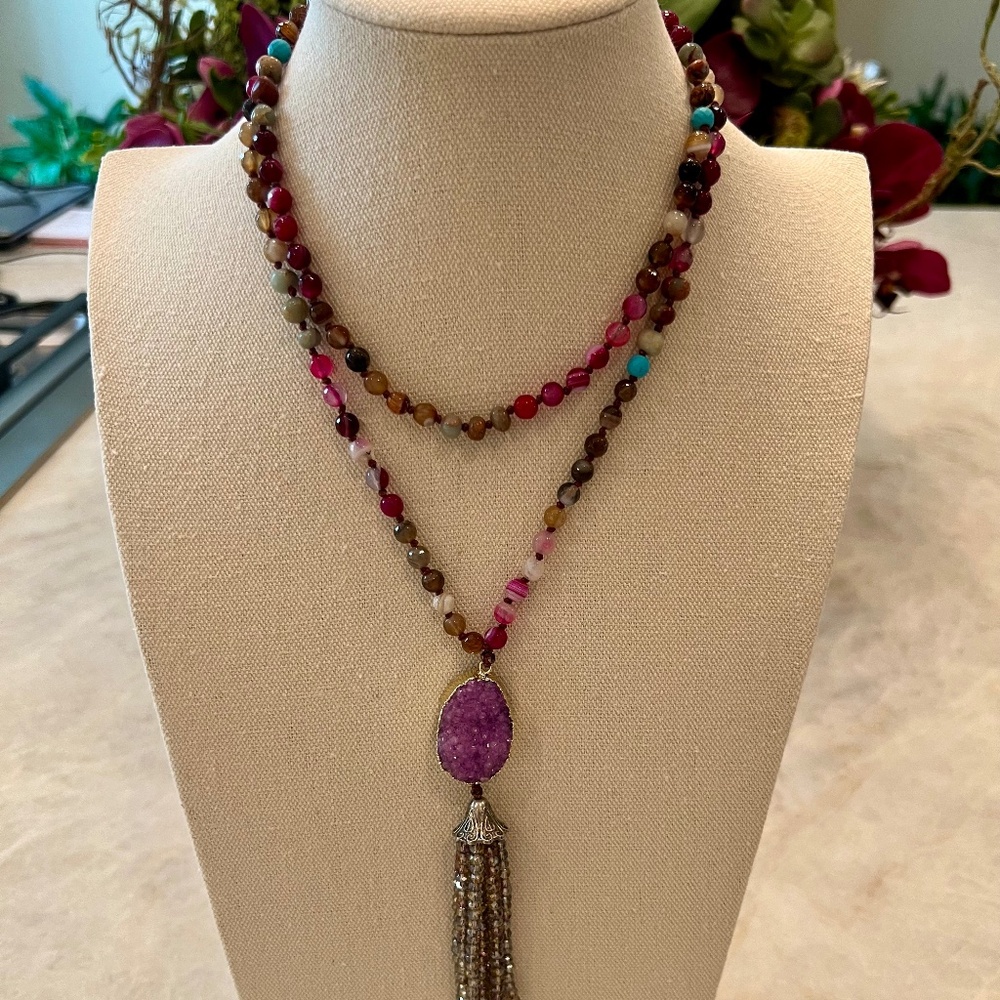 Hand Knotted Multi-Colored Agate with Amethyst Drop